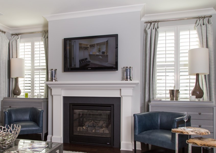 tv room Boston faux wood shutters